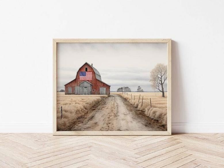 Rustic Farmhouse American Flag Barn Canvas - Vintage Country Watercolor For Living Room Decor