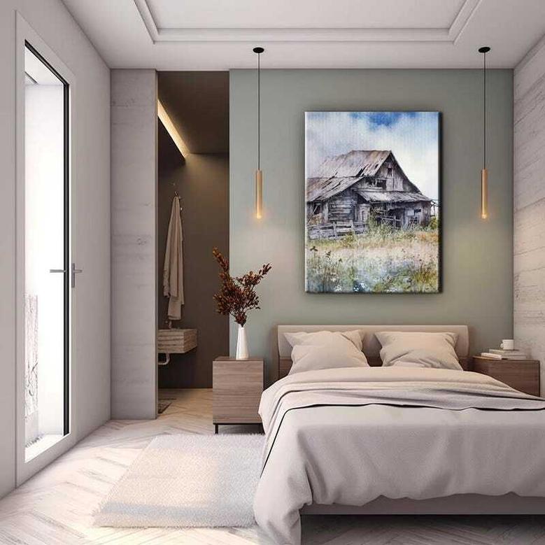 Touching Rustic Farmhouse Canvas With Watercolor Barn Art For Living Room Decor