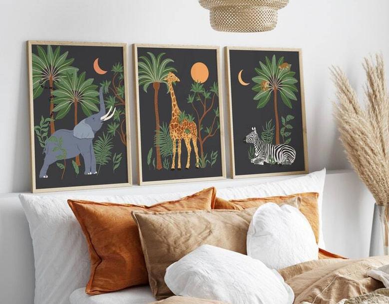 Safari Animal Canvas Set - Jungle Nursery DéCor With Giraffe, Zebra, Elephant For Kids' Room