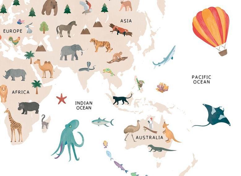 Educational Safari Animal Nursery World Map Canvas For Kids Room Decor Digital Download