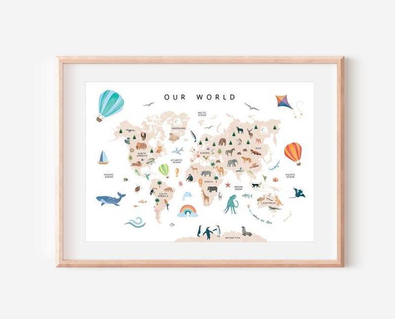 Educational Safari Animal Nursery World Map Canvas For Kids Room Decor Digital Download