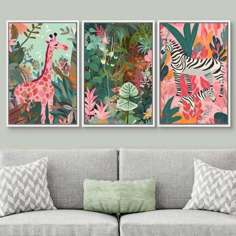 Boho Safari Nursery Canvas Set - Framed Mid-Century Animal Wall Art For Baby Room