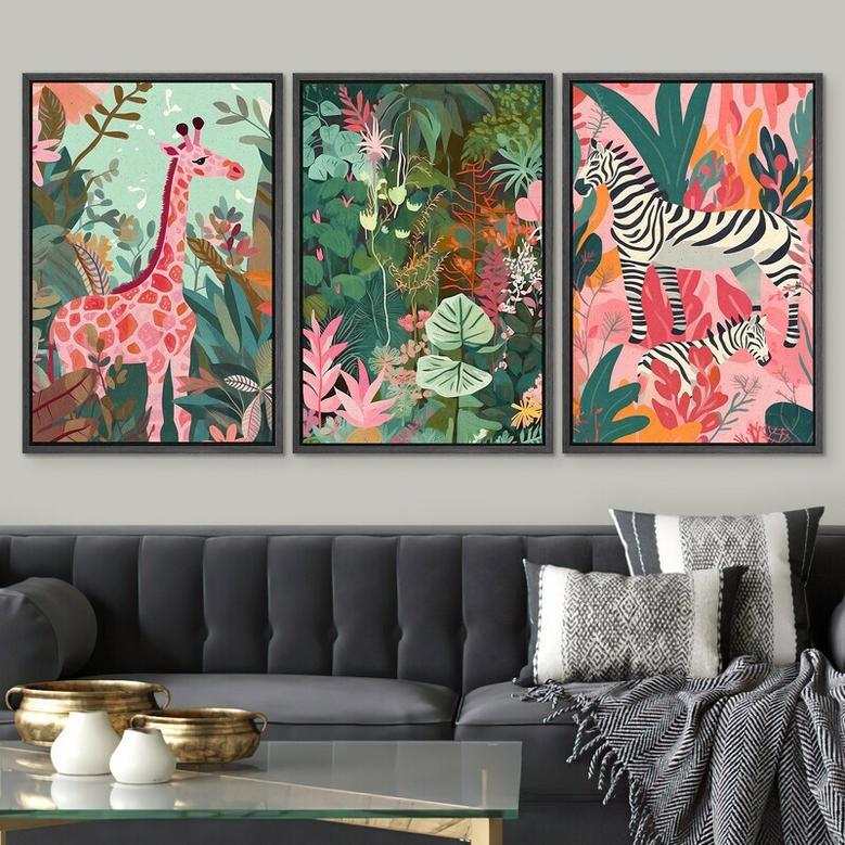 Boho Safari Nursery Canvas Set - Framed Mid-Century Animal Wall Art For Baby Room