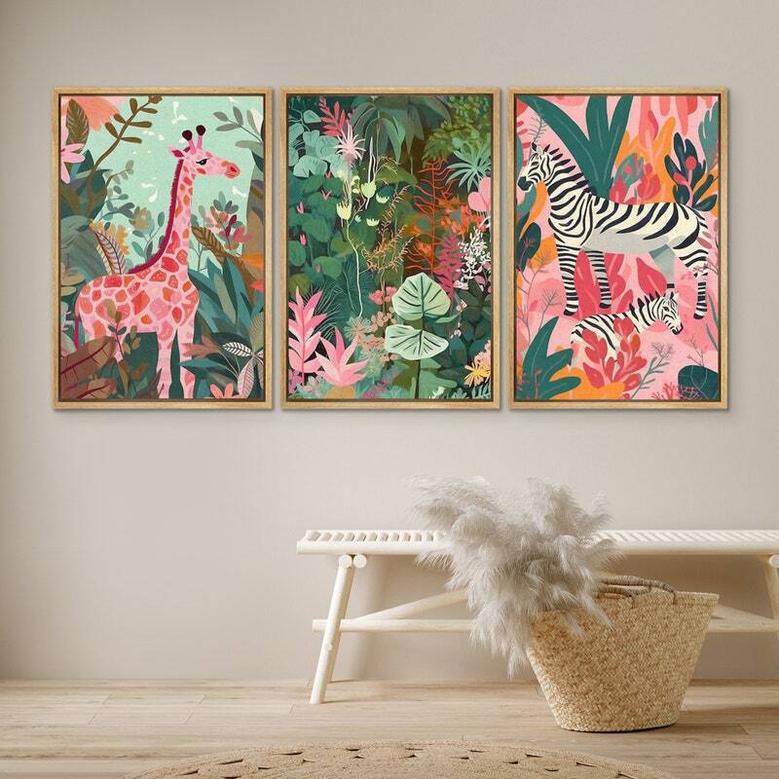 Boho Safari Nursery Canvas Set - Framed Mid-Century Animal Wall Art For Baby Room