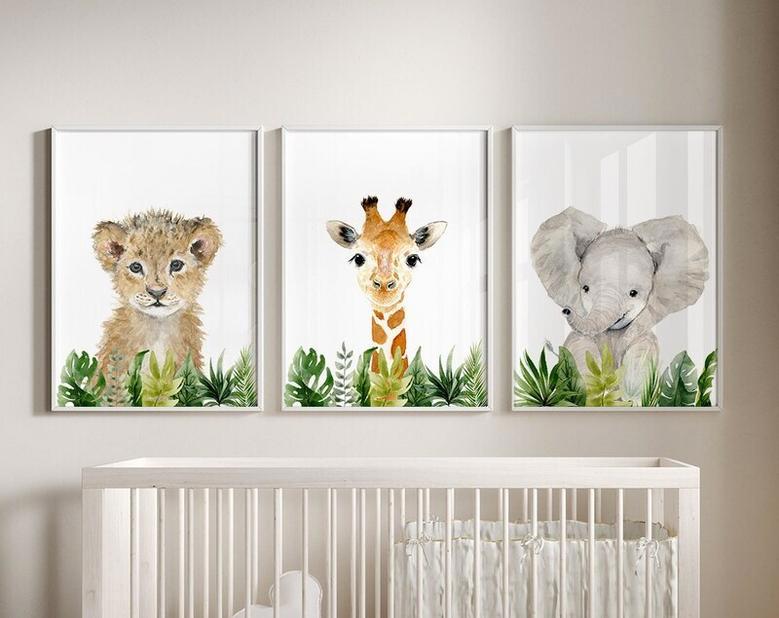 Personalized Safari Nursery Canvas Set For Baby Shower Animal Wall Art