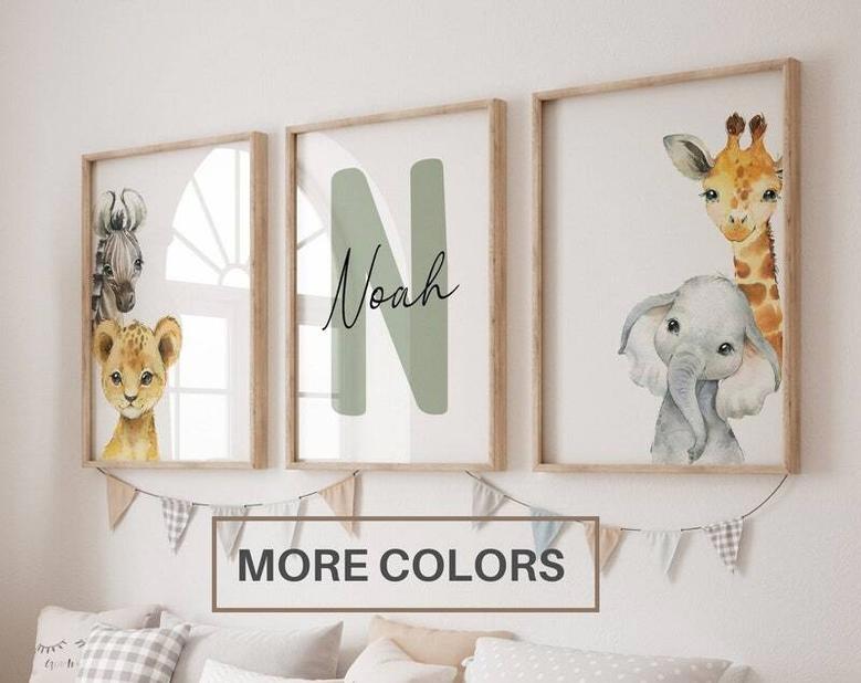 Personalized Safari Nursery Canvas Set For Kids - Lion, Elephant, Giraffe, Zebra Jungle Decor