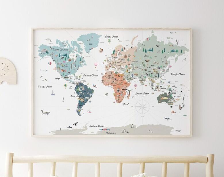 Boho Nursery World Map Canvas For Kids - Educational Wall Art For Boho Children's Room Decor