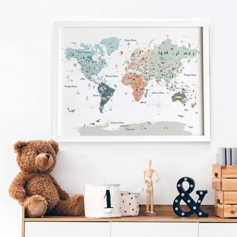 Boho Nursery World Map Canvas For Kids - Educational Wall Art For Boho Children's Room Decor