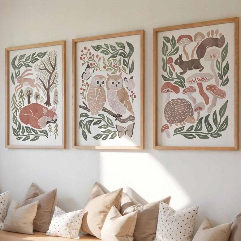 Woodland Nursery Canvas Set For Kids Room - Forest Animal Art, Cottagecore Decor