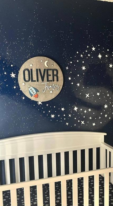 Personalized Space-Themed Wood Sign For Baby Boy Nursery - Rocket Design Above Crib