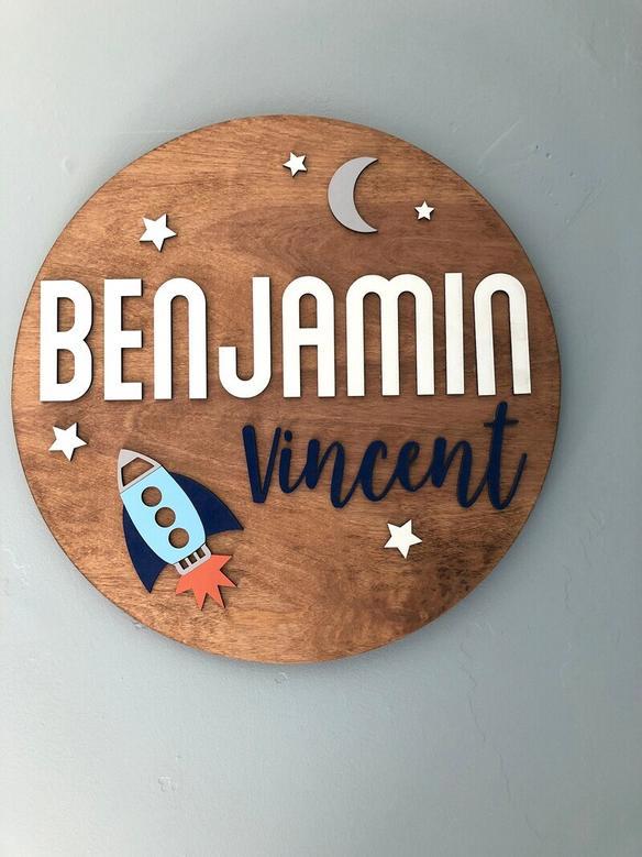 Personalized Space-Themed Wood Sign For Baby Boy Nursery - Rocket Design Above Crib