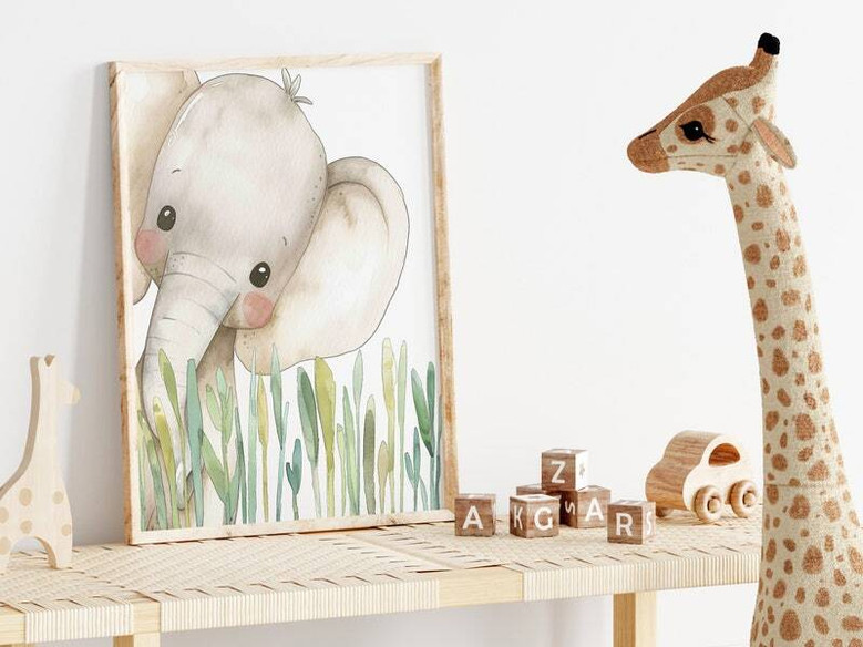 Jungle safari animals nursery canvas wall art featuring peeking giraffe; sweet neutral decor for baby boy or girl room