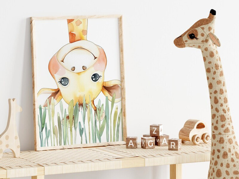 Safari nursery canvas wall art with peeking elephant, gentle jungle animal design; calming gender-neutral baby room decor