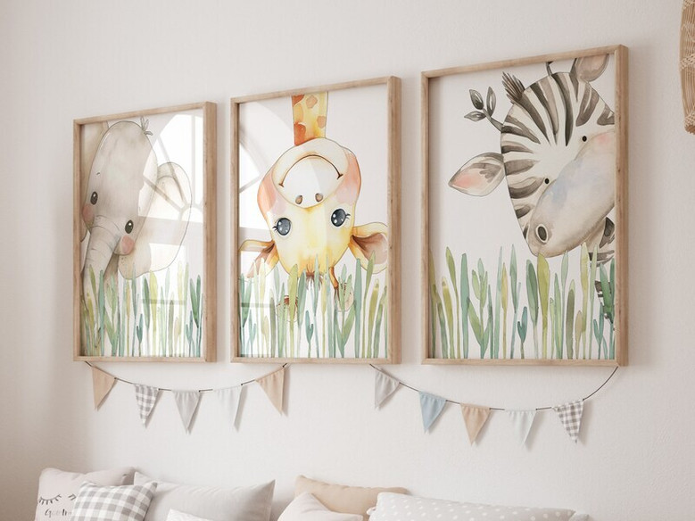 Safari jungle animals nursery canvas with peeking giraffe, elephant and zebra; neutral wall art for baby's room