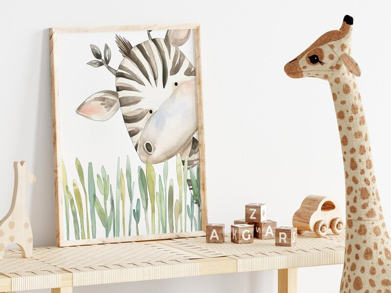 Jungle animals safari nursery canvas art showcasing a peeking zebra; playful wall decor for boys' and girls' baby rooms