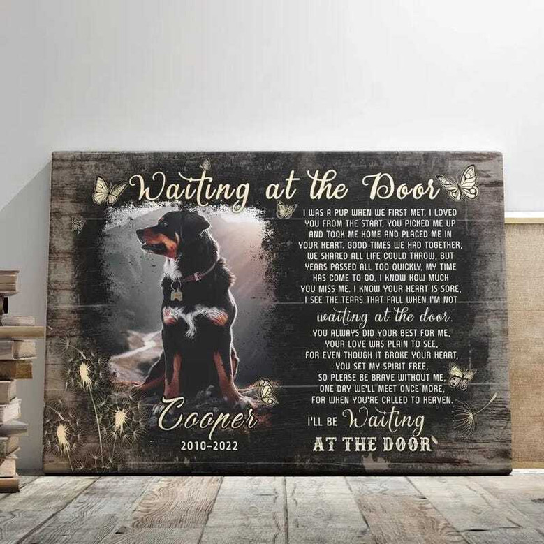 Dog memorial canvas wall art with 'Waiting at the Door' quote, a heartfelt sympathy gift for grieving dog owners.