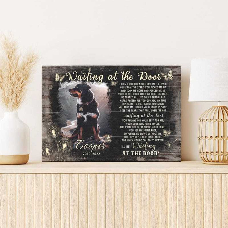 Dog memorial canvas featuring the 'Waiting at the Door' quote, thoughtful condolence decor for pet loss and remembrance.