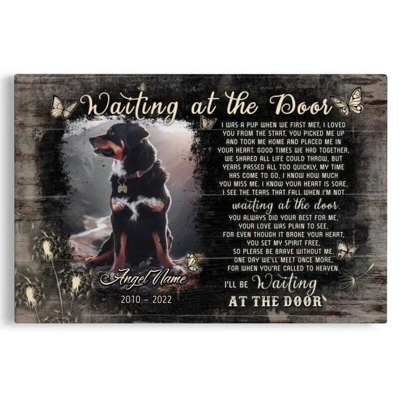 Dog memorial canvas with 'Waiting at the Door' quote, pet loss tribute and sympathy gift for mourning dog parents.