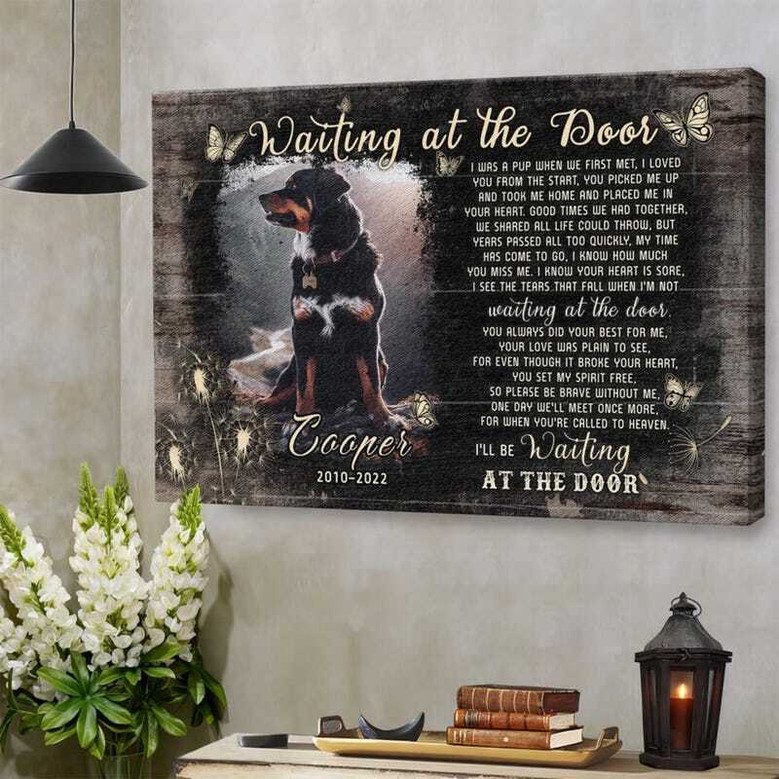 Dog memorial canvas with 'Waiting at the Door' verse, comforting tribute and sympathy gift for a grieving pet parent.