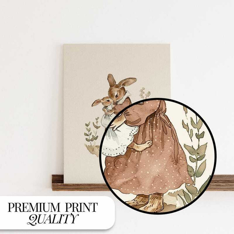Peter Rabbit canvas art, antique-style mother and baby bunny illustration for vintage baby girl nursery wall decoration