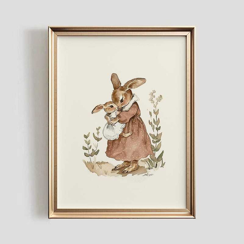 Peter Rabbit canvas nursery art featuring mother and baby bunny in vintage style, antique-inspired decor for baby girl room