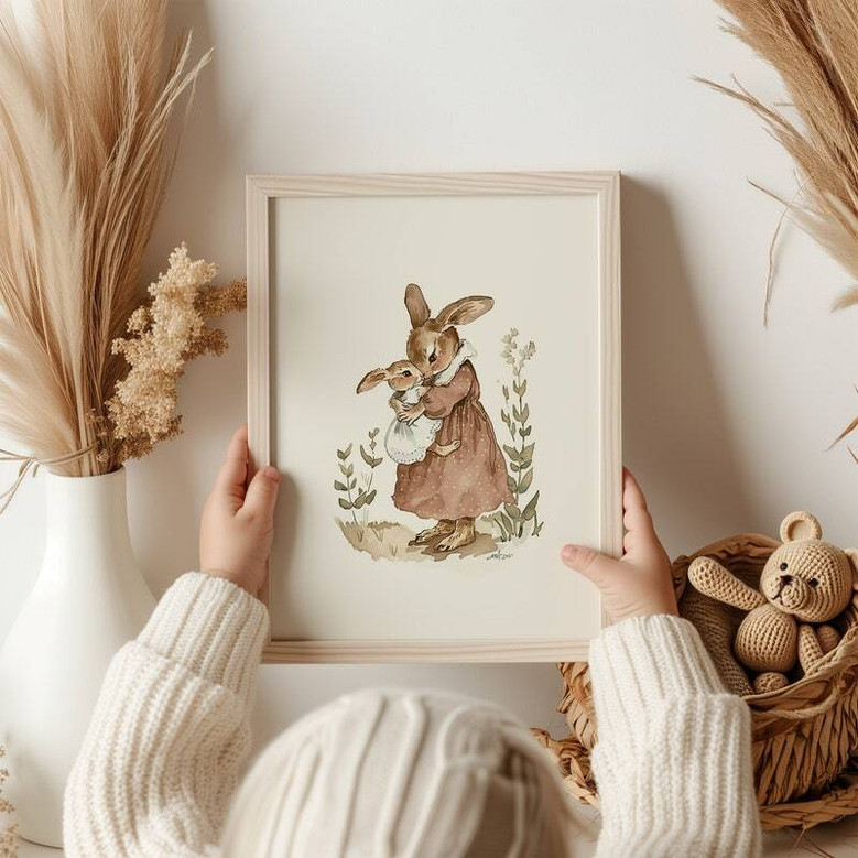 Peter Rabbit canvas wall art, mom and baby theme in soft pastel vintage style, sweet nursery decor for a baby girl’s room