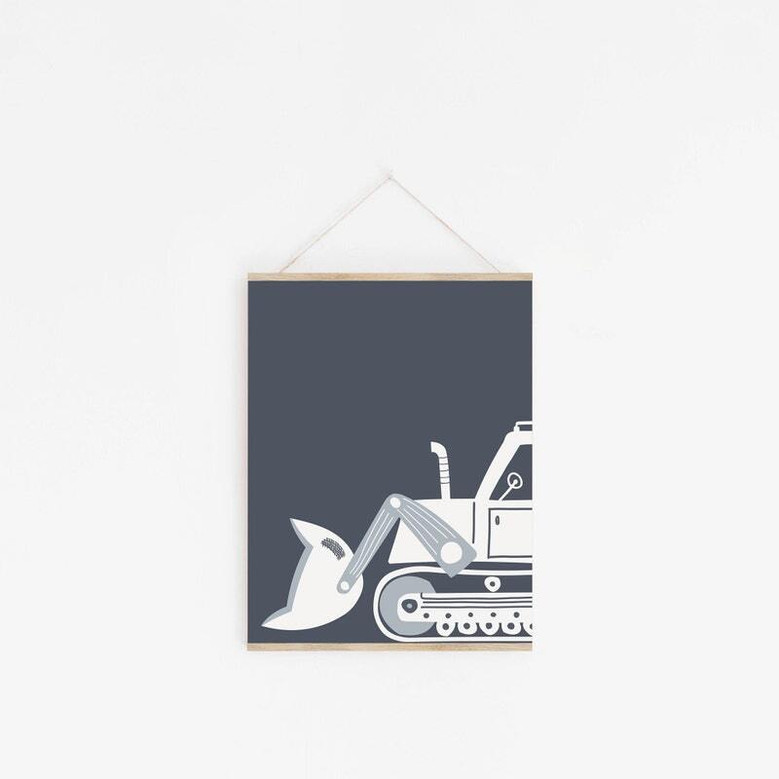 Construction nursery canvas wall art with dump truck, digger, and bulldozer, cute decor for a baby boy room, truck theme.