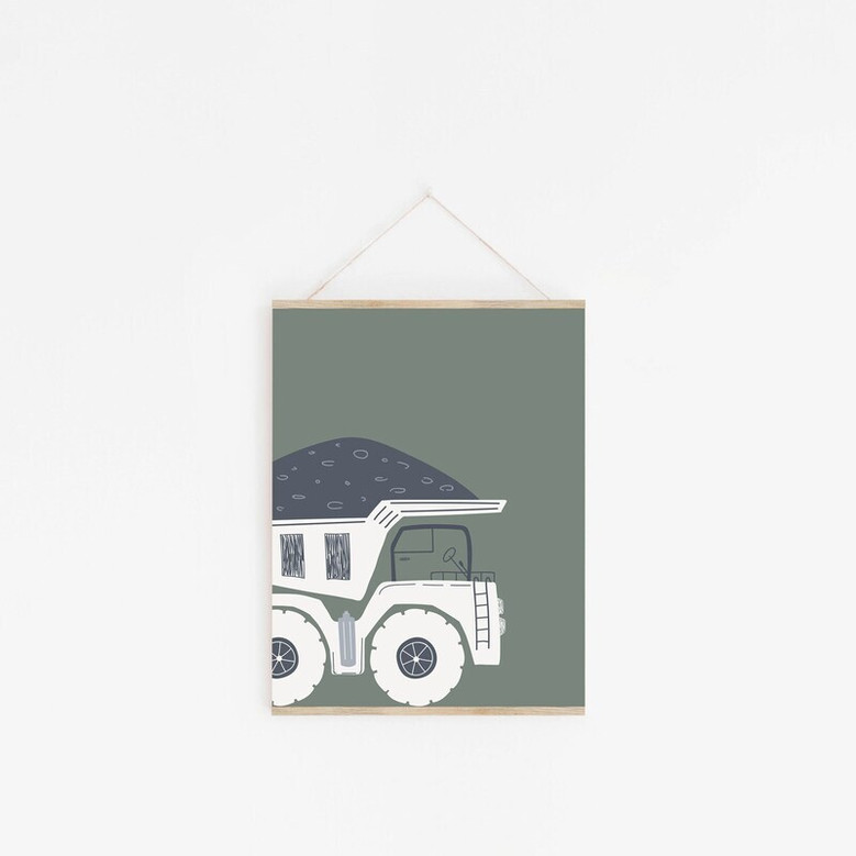 Construction nursery canvas wall art with a yellow bulldozer, decor for a baby boy nursery and playful construction theme.
