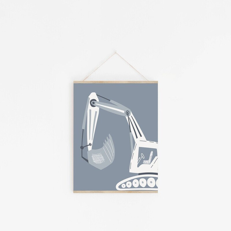 Construction nursery canvas wall art set with dump truck, digger, and bulldozer, trio decor prints for a baby boy's room.
