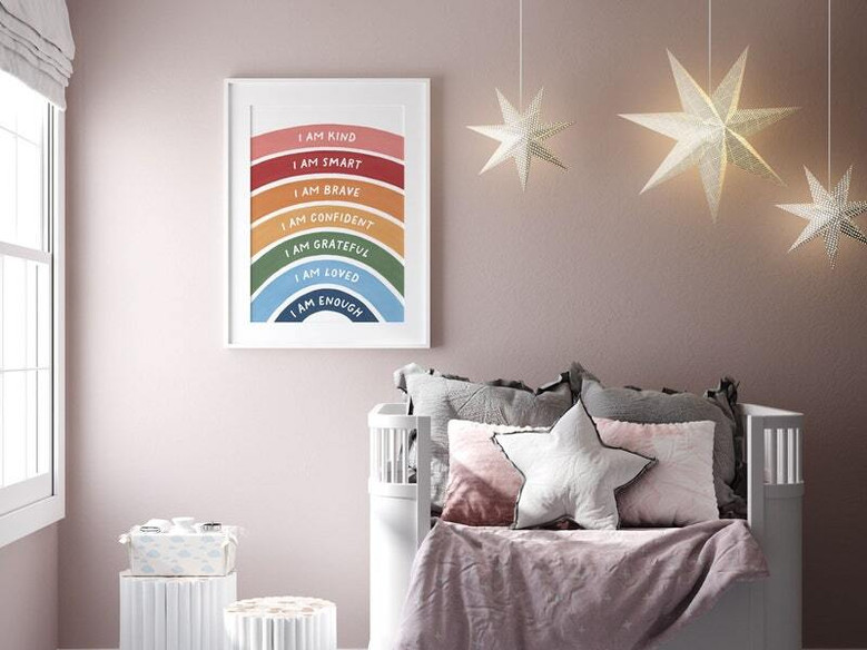 Rainbow nursery quotes canvas wall art, square format with playful rainbow spectrum and positive phrases for playroom Rainbow nursery quotes canvas wall art, square format with playful rainbow spectrum and positive phrases for playroom