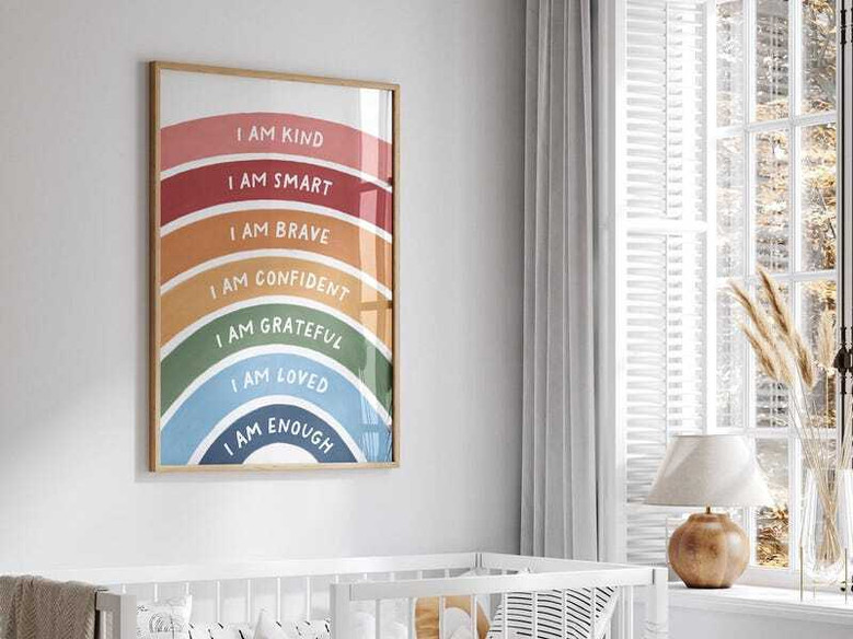 Rainbow nursery quotes canvas in boho neutral tones, gallery-wrapped wall art with gentle affirmations for toddler room Rainbow nursery quotes canvas in boho neutral tones, gallery-wrapped wall art with gentle affirmations for toddler room