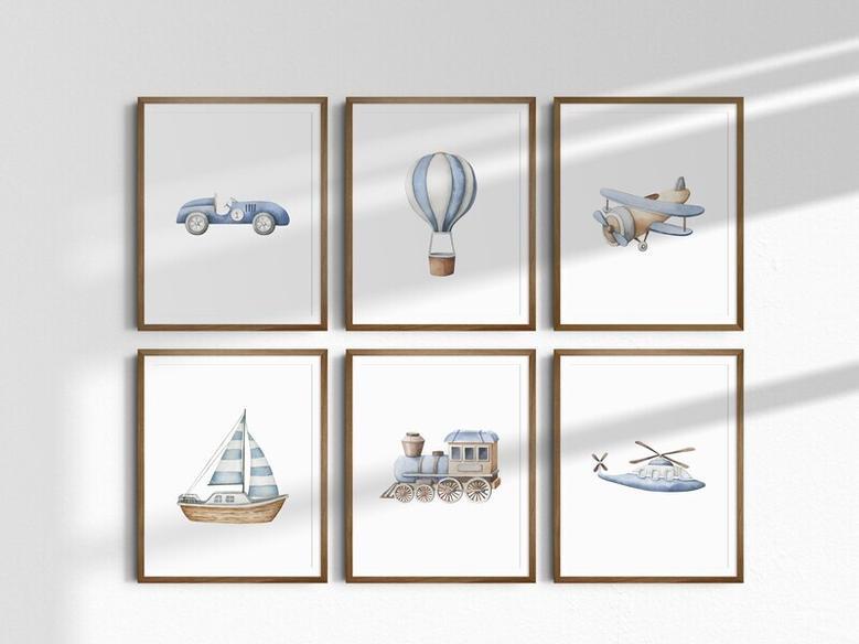 Vehicle Canvas Set Baby Boy Nursery Wall Art Watercolor Vehicle Themes