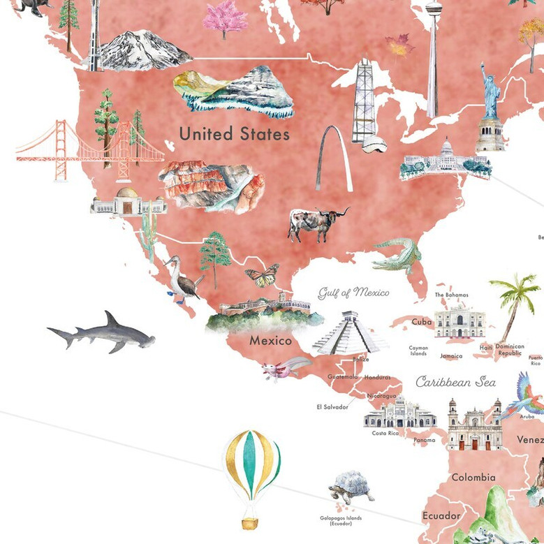 Nursery world map canvas print with soft watercolor animals and labels, educational geography decor for baby room or playroom