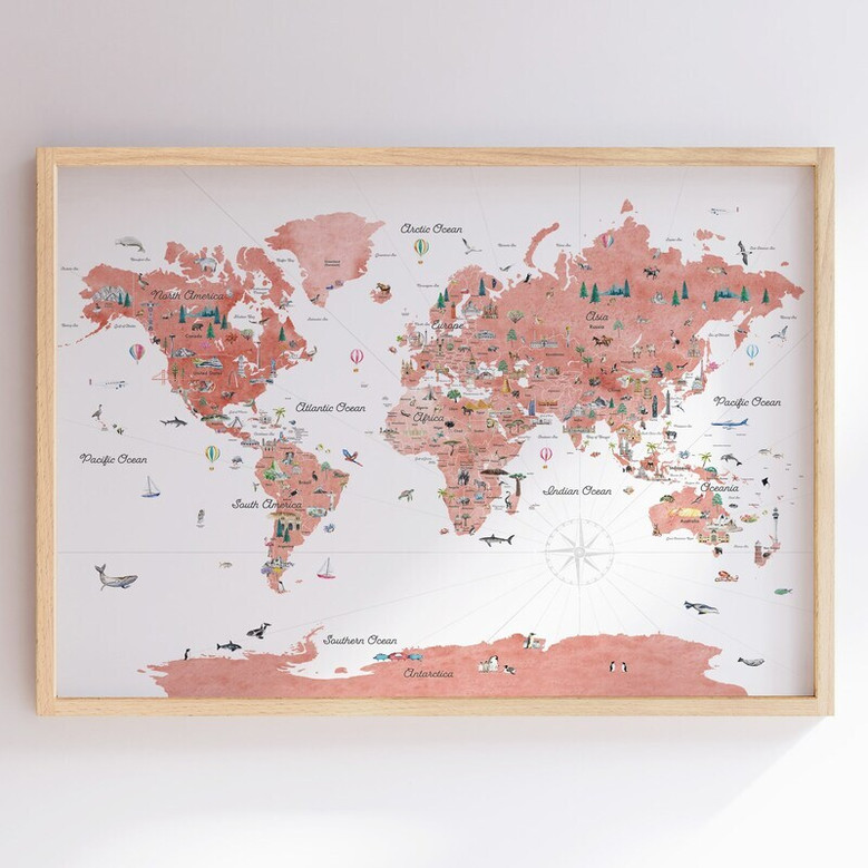 Nursery world map canvas with watercolor animals by continent, educational kids room wall art, pastel travel theme, landscape