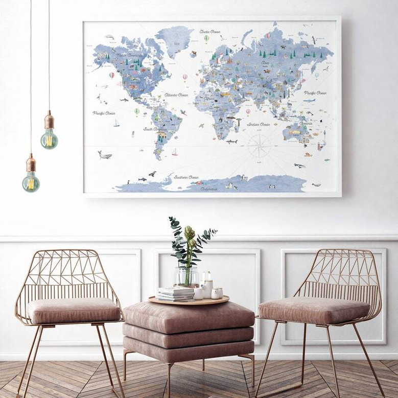 World map nursery canvas featuring watercolor animals by region, educational geography wall art for kids playroom decor