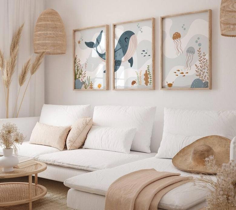 Whale Nursery Art Canvas Set - Nautical Ocean Theme For Baby Room DéCor