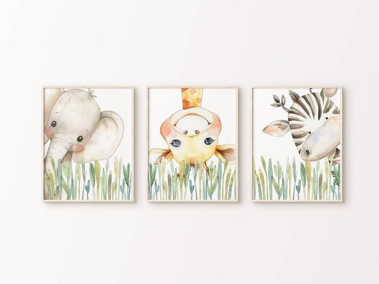 Peeking Jungle Animals Safari Nursery Canvas For Baby's Room - Giraffe, Elephant, Zebra Art For Boys & Girls