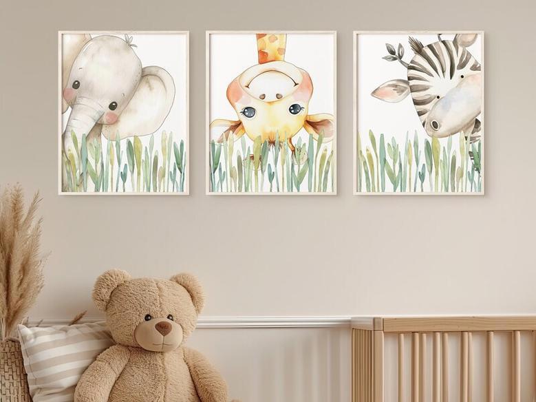 Peeking Jungle Animals Safari Nursery Canvas For Baby's Room - Giraffe, Elephant, Zebra Art For Boys & Girls