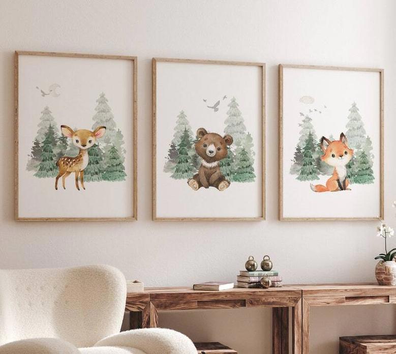 Personalized Woodland Nursery Canvas For Kids Room - Bear And Forest Watercolor Art