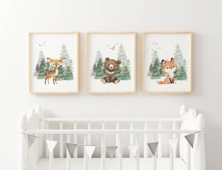 Personalized Woodland Nursery Canvas For Kids Room - Bear And Forest Watercolor Art