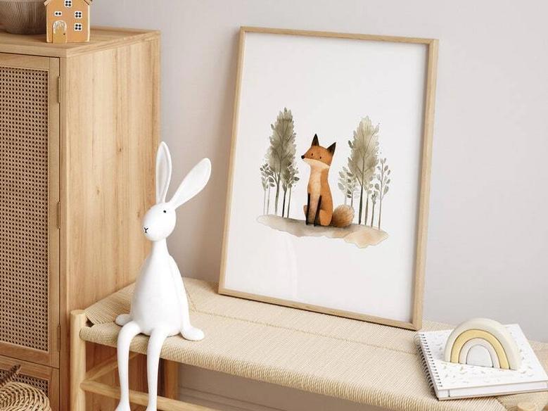 Woodland Nursery Canvas With Forest Animals For Baby Room Decor - Cute Bear Fox Mountain Design - Ideal Baby Shower Gift