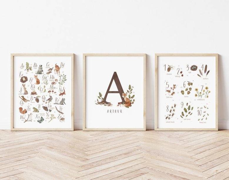 Personalized Woodland Nursery Canvas Art For Baby's Room Rustic Monogram Initial Decor