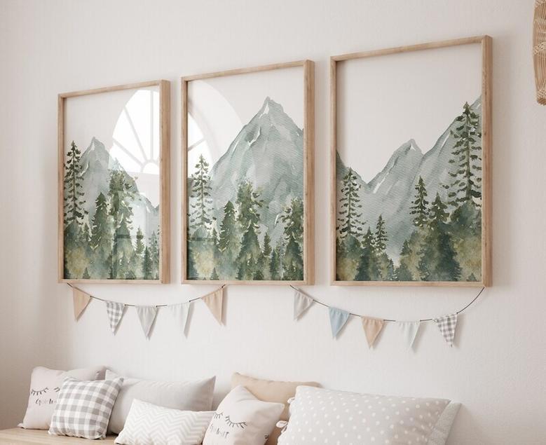 Personalized Woodland Nursery Canvas With Mountain & Tree Design