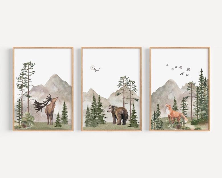 Woodland Nursery Canvas - Mountain And Trees Design For Baby Room