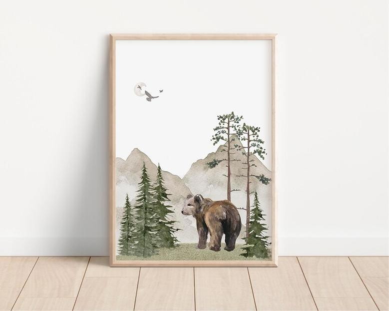 Woodland Nursery Canvas - Mountain And Trees Design For Baby Room