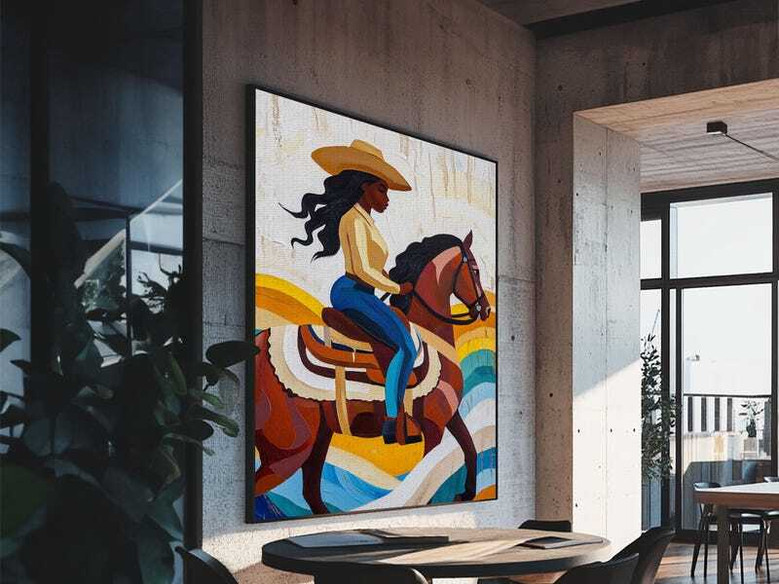 Pop art Black Cowgirl canvas print, Afrocentric rustic farmhouse wall art with textured background, landscape orientation