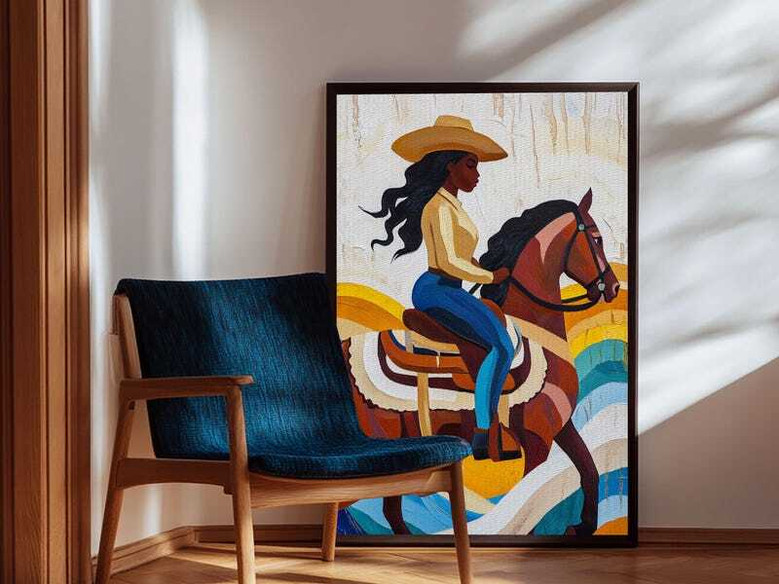 Pop art Black Cowgirl canvas print, gallery-wrapped Afrocentric rustic farmhouse decor in bold palette, portrait orientation