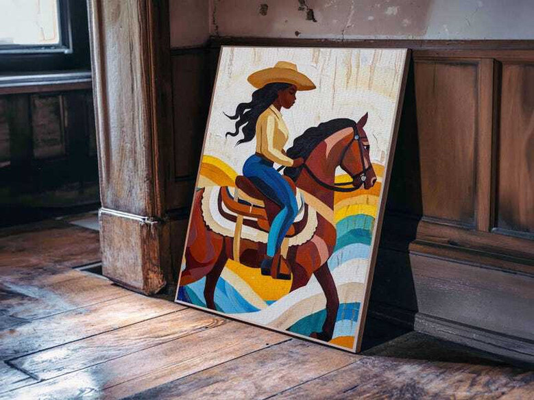 Pop art Black Cowgirl canvas print, Afrocentric farmhouse wall art with soft neutral background and off-center composition