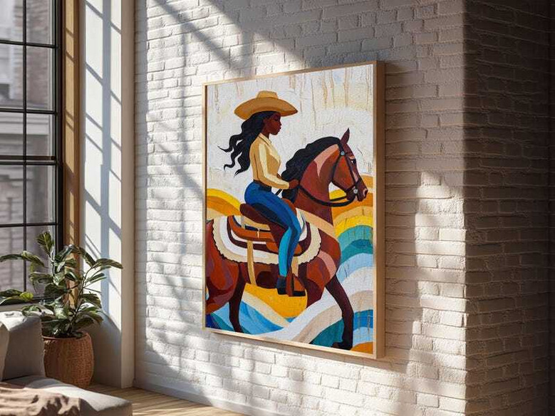 Pop art Black Cowgirl canvas print, Afrocentric farmhouse-style canvas wall art with cool neutral palette for living room