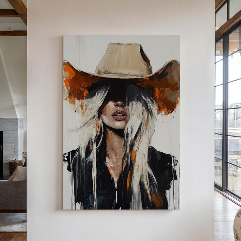 Blonde cowgirl portrait canvas in rustic farmhouse style, western art with hat and lasso, wall decor for living room